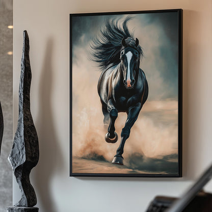 A black stallion galloping through dust, showcasing its power and elegance in a contemporary art style.