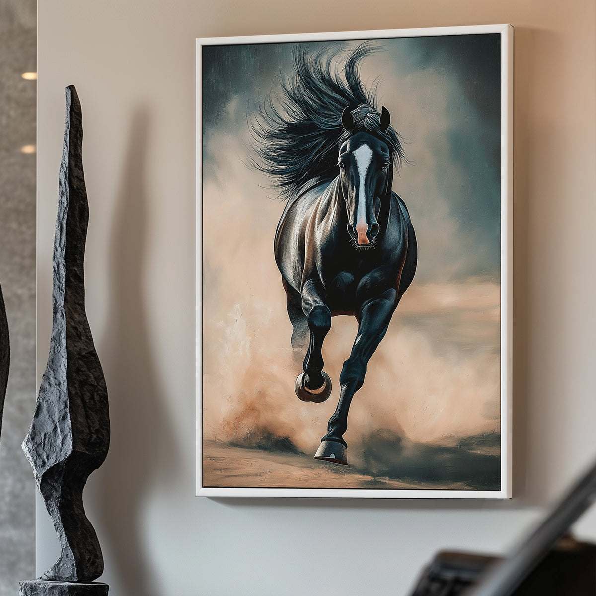 A black stallion galloping through dust, showcasing its power and elegance in a contemporary art style.