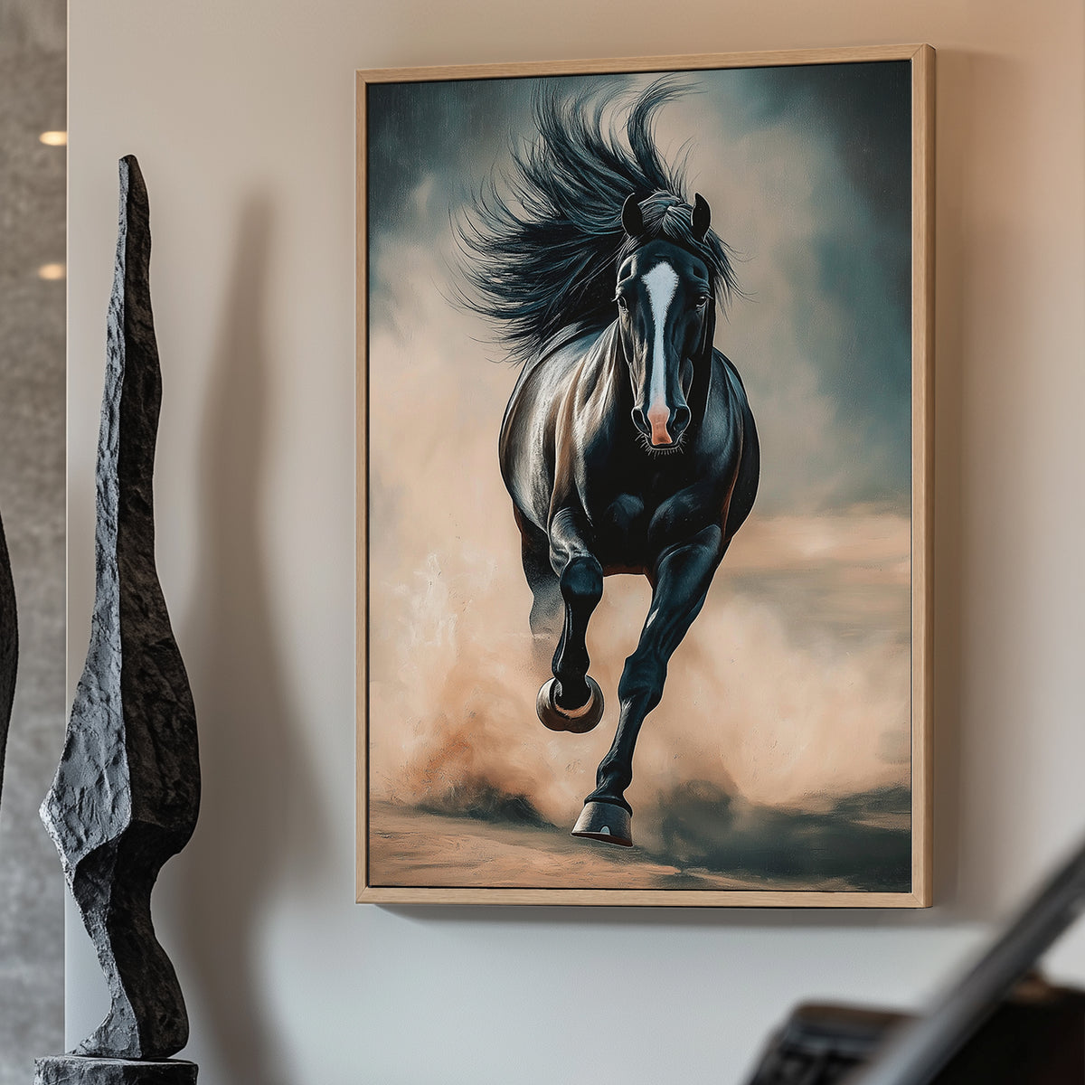 A black stallion galloping through dust, showcasing its power and elegance in a contemporary art style.