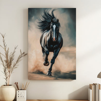 A black stallion galloping through dust, showcasing its power and elegance in a contemporary art style.