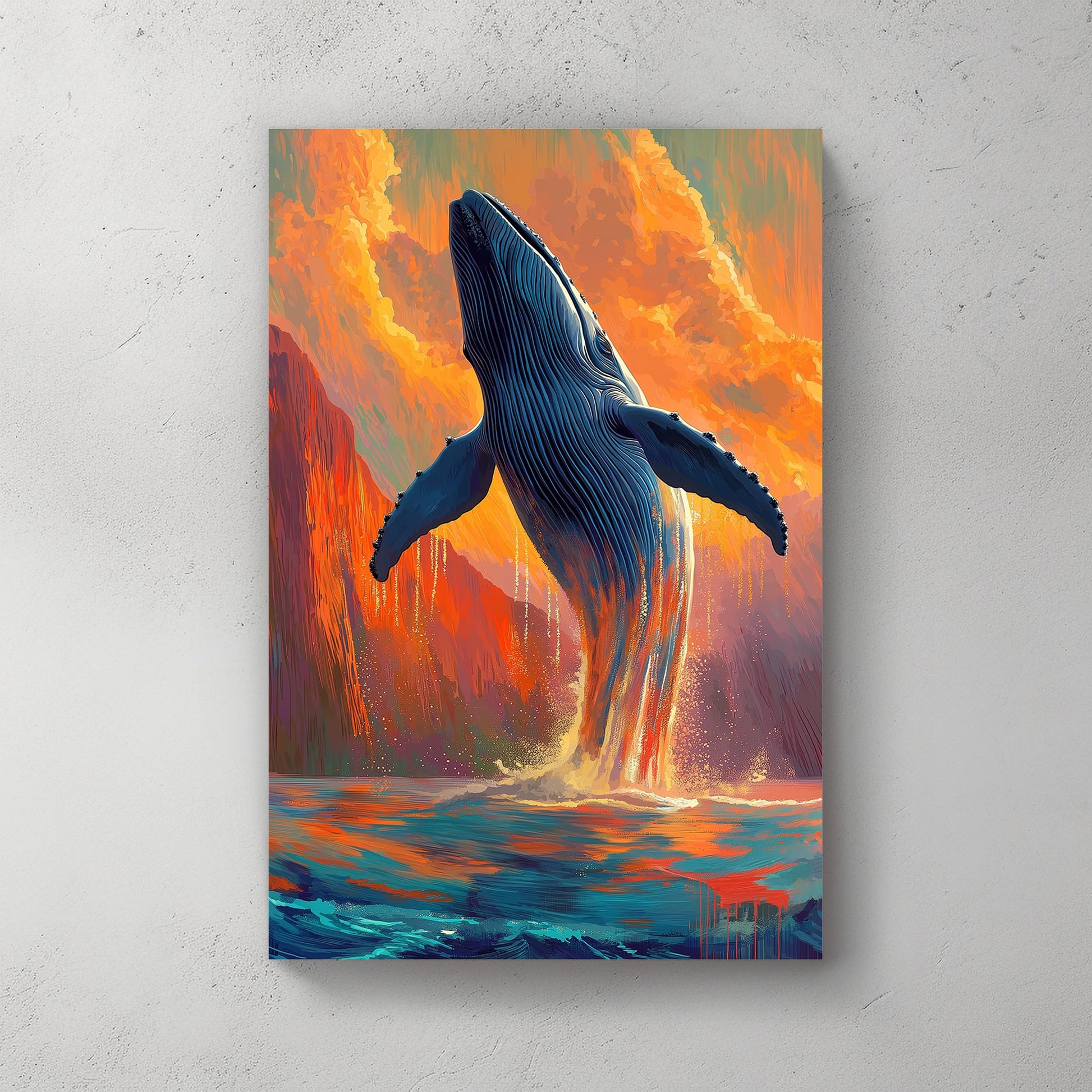 A whale breaching the ocean water under a vibrant sunset with orange clouds and blue waves in a contemporary art style.