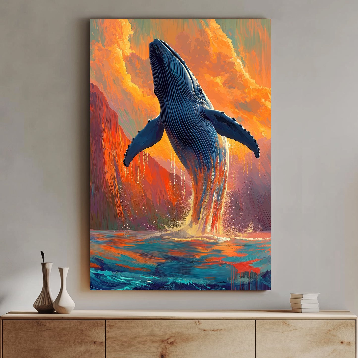 A whale breaching the ocean water under a vibrant sunset with orange clouds and blue waves in a contemporary art style.