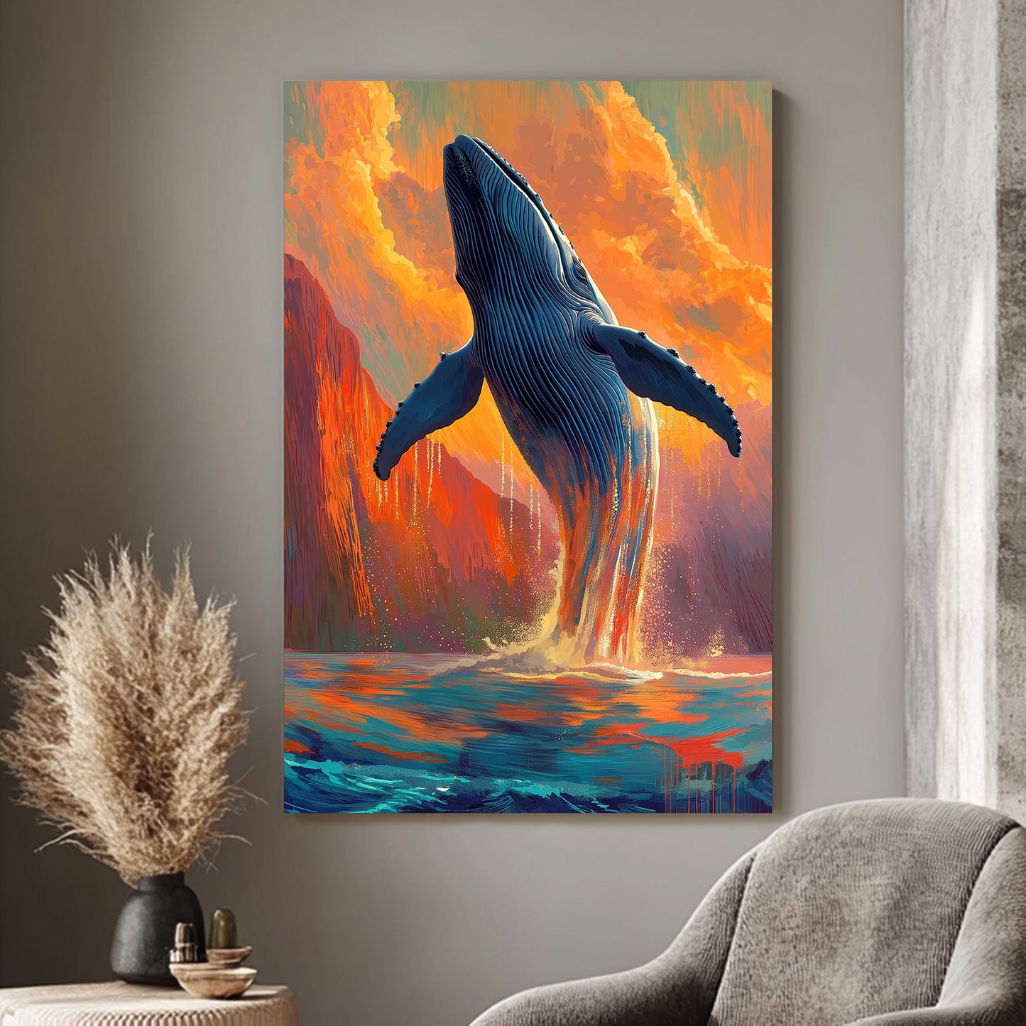 A whale breaching the ocean water under a vibrant sunset with orange clouds and blue waves in a contemporary art style.