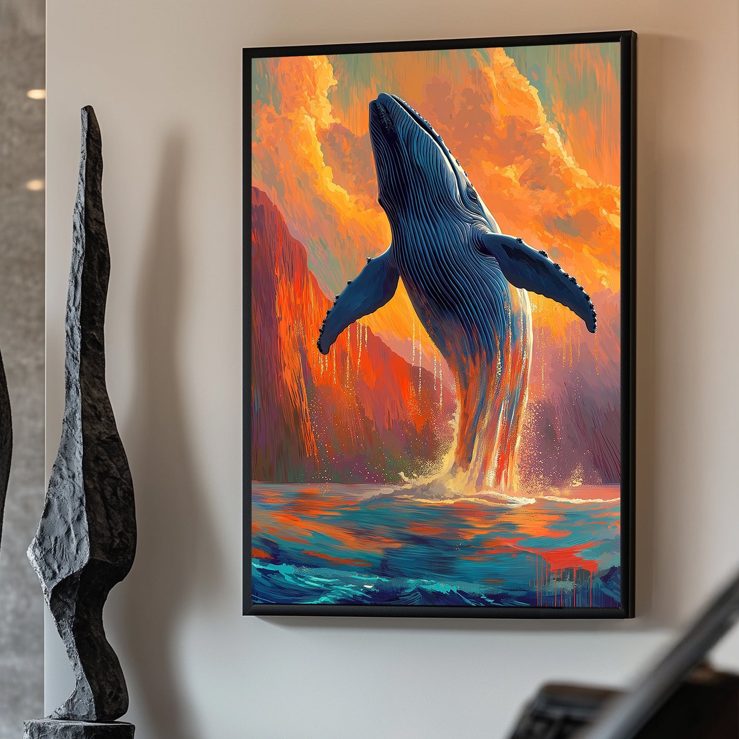 A whale breaching the ocean water under a vibrant sunset with orange clouds and blue waves in a contemporary art style.