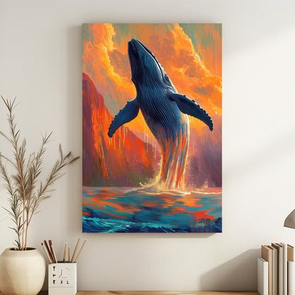 A whale breaching the ocean water under a vibrant sunset with orange clouds and blue waves in a contemporary art style.