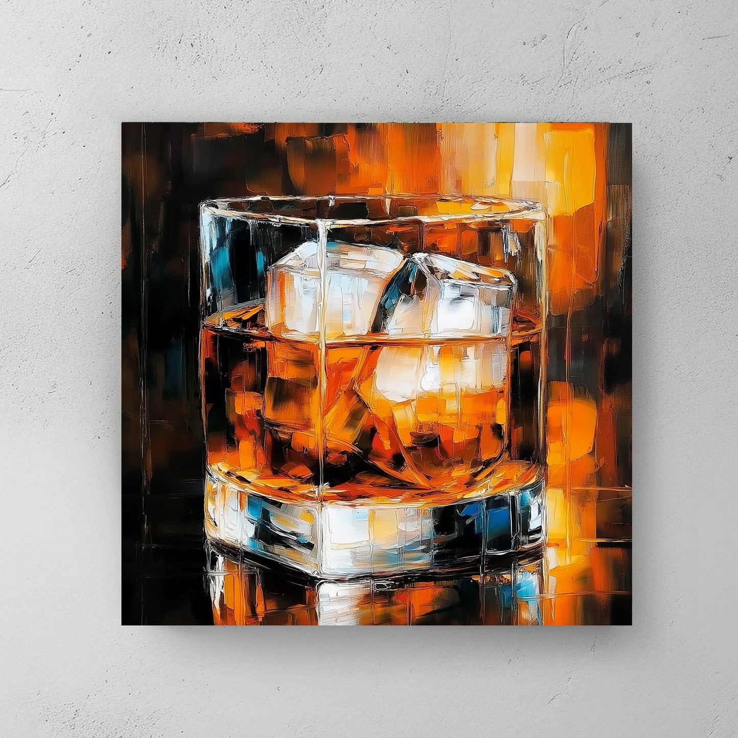 A glass of whiskey with ice cubes, glowing in warm amber tones, rendered in a contemporary abstract art style.