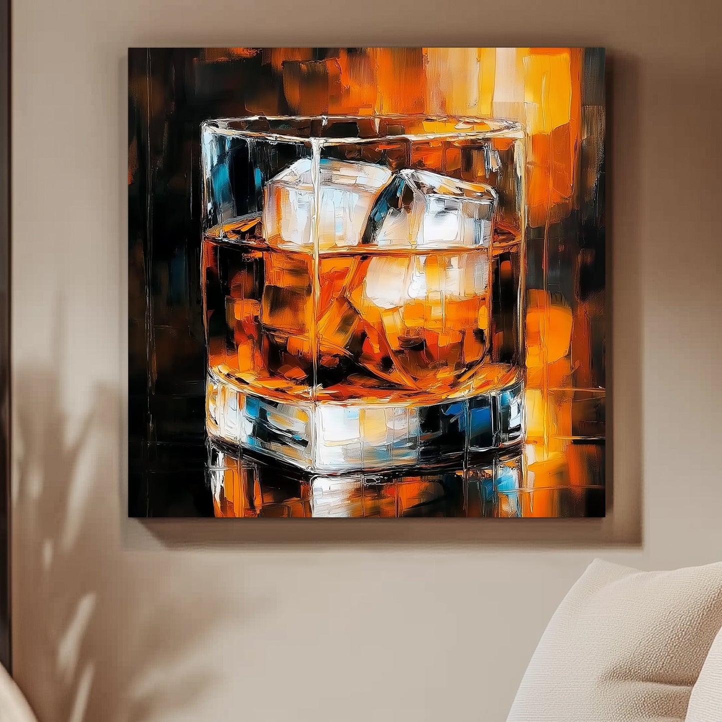 A glass of whiskey with ice cubes, glowing in warm amber tones, rendered in a contemporary abstract art style.