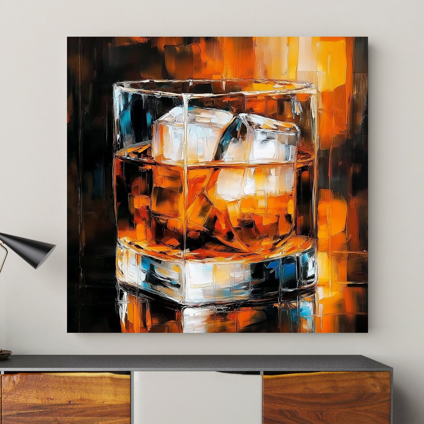 A glass of whiskey with ice cubes, glowing in warm amber tones, rendered in a contemporary abstract art style.