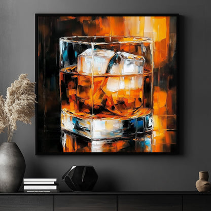 A glass of whiskey with ice cubes, glowing in warm amber tones, rendered in a contemporary abstract art style.