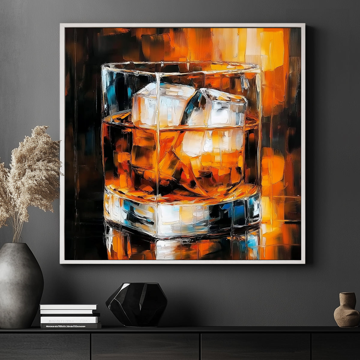 A glass of whiskey with ice cubes, glowing in warm amber tones, rendered in a contemporary abstract art style.