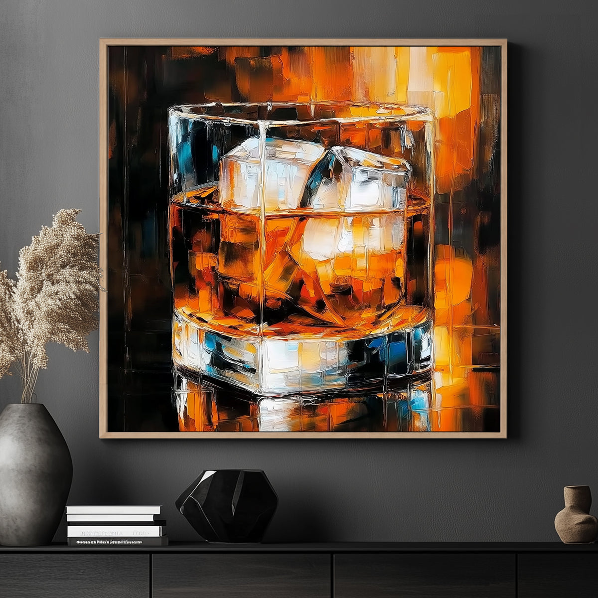 A glass of whiskey with ice cubes, glowing in warm amber tones, rendered in a contemporary abstract art style.