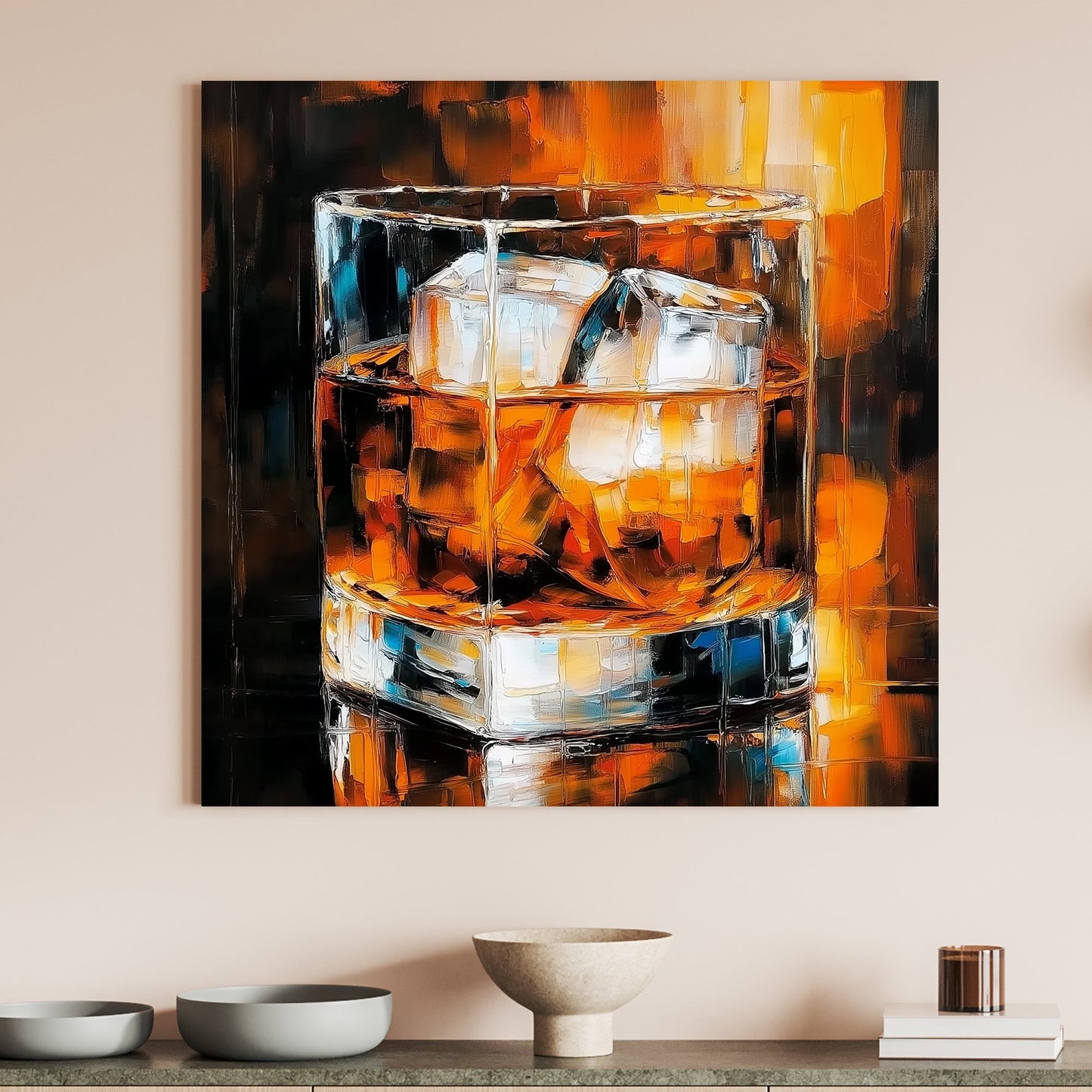 A glass of whiskey with ice cubes, glowing in warm amber tones, rendered in a contemporary abstract art style.