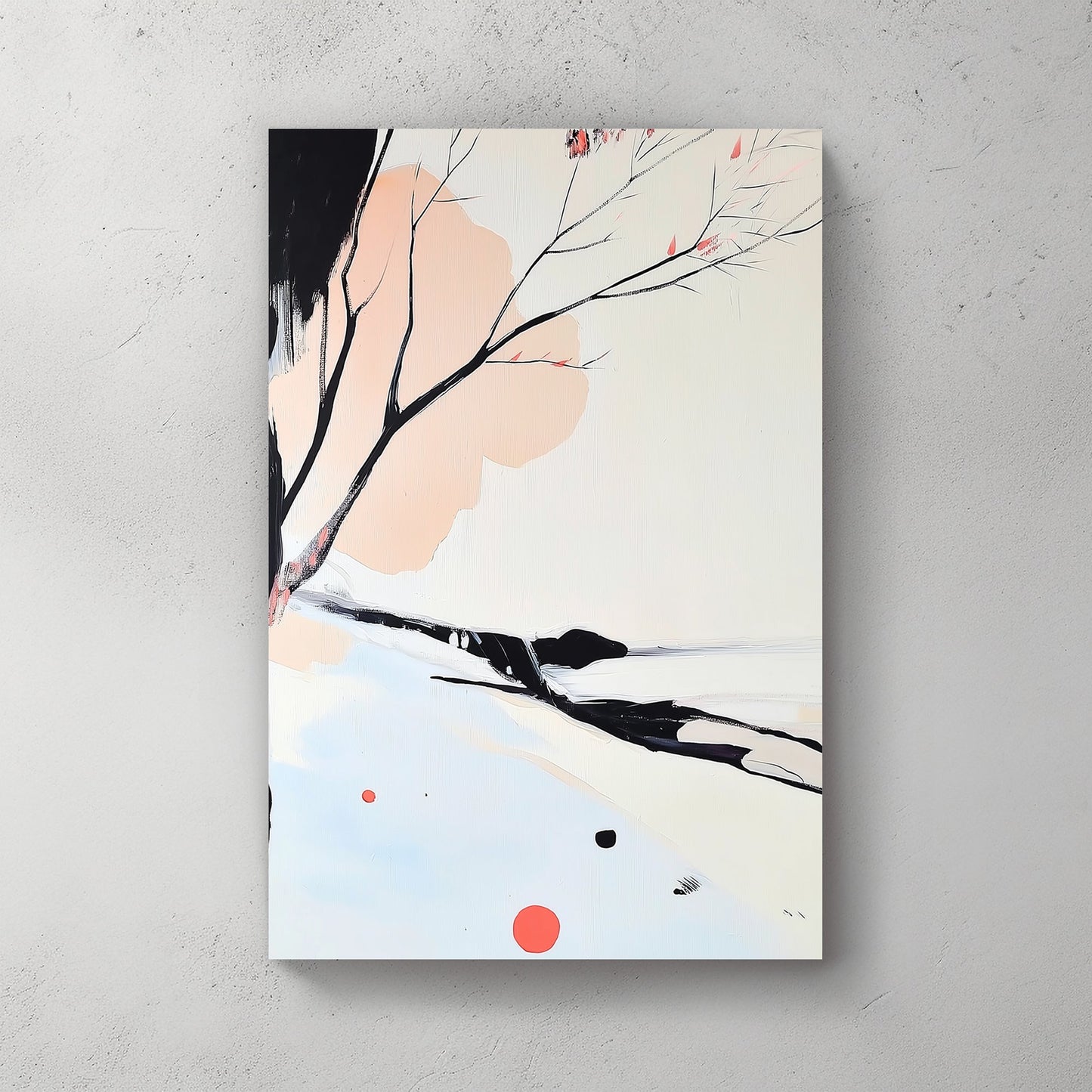 Minimalist artwork featuring delicate black branches with coral blossoms against soft pastel tones.