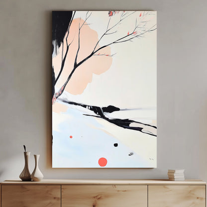 Minimalist artwork featuring delicate black branches with coral blossoms against soft pastel tones.