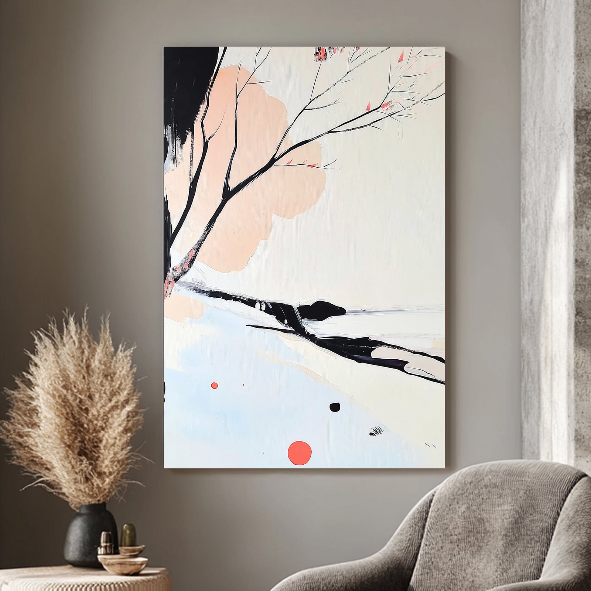 Minimalist artwork featuring delicate black branches with coral blossoms against soft pastel tones.