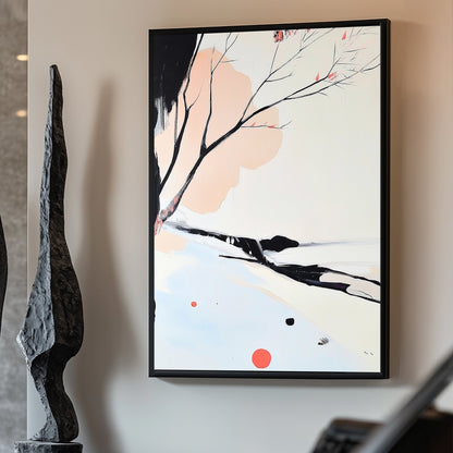 Minimalist artwork featuring delicate black branches with coral blossoms against soft pastel tones.