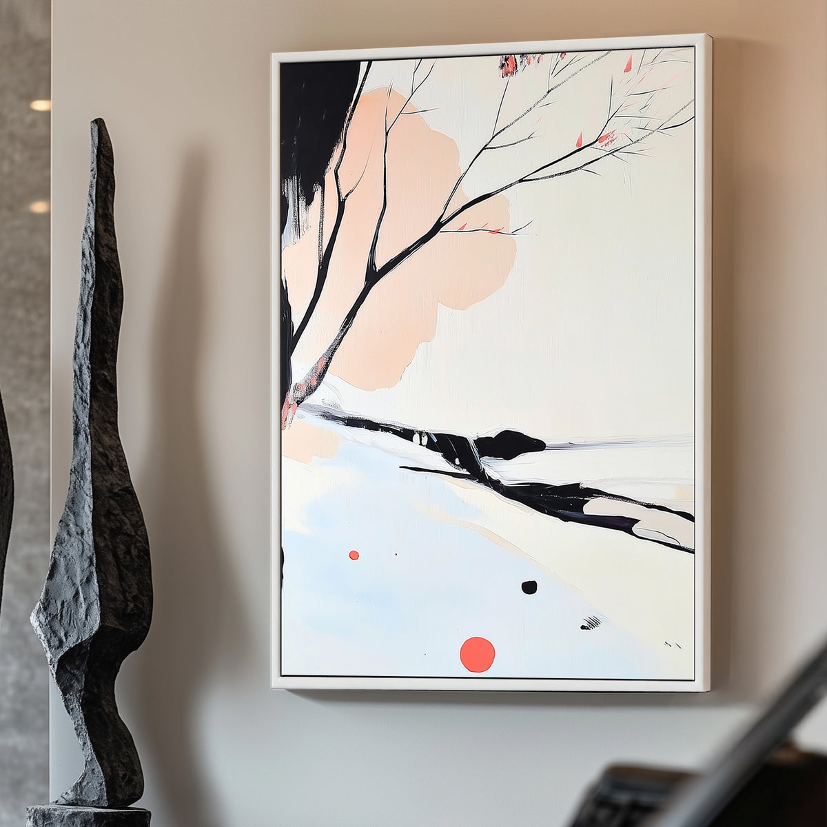 Minimalist artwork featuring delicate black branches with coral blossoms against soft pastel tones.