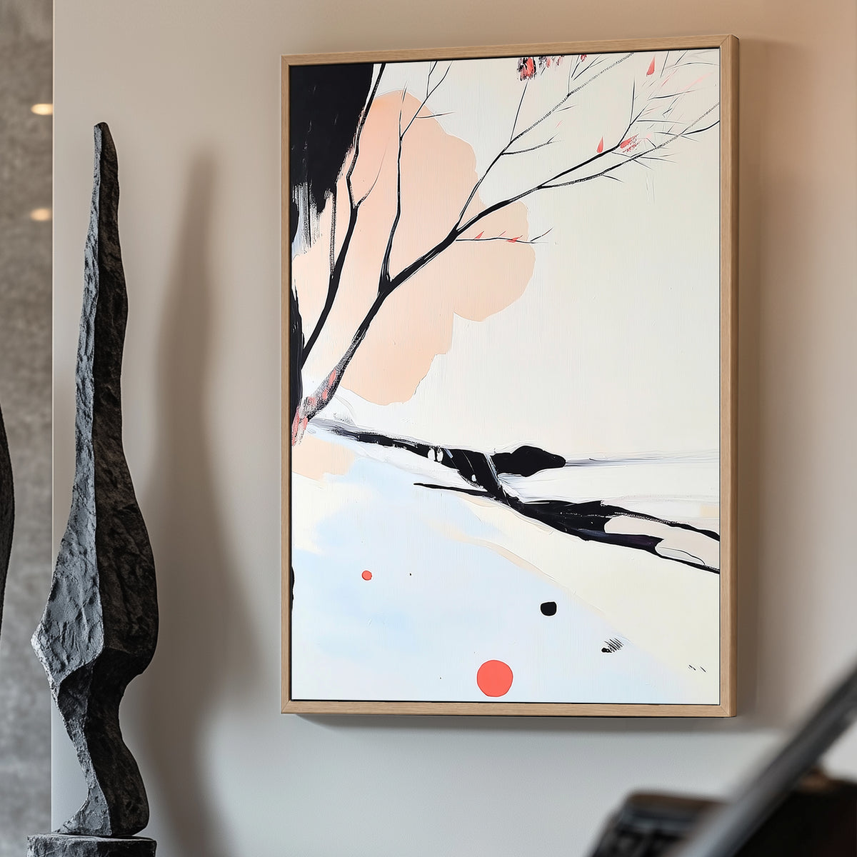 Minimalist artwork featuring delicate black branches with coral blossoms against soft pastel tones.