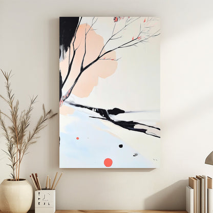 Minimalist artwork featuring delicate black branches with coral blossoms against soft pastel tones.