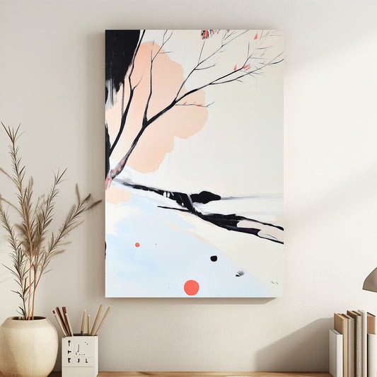 Minimalist artwork featuring delicate black branches with coral blossoms against soft pastel tones.