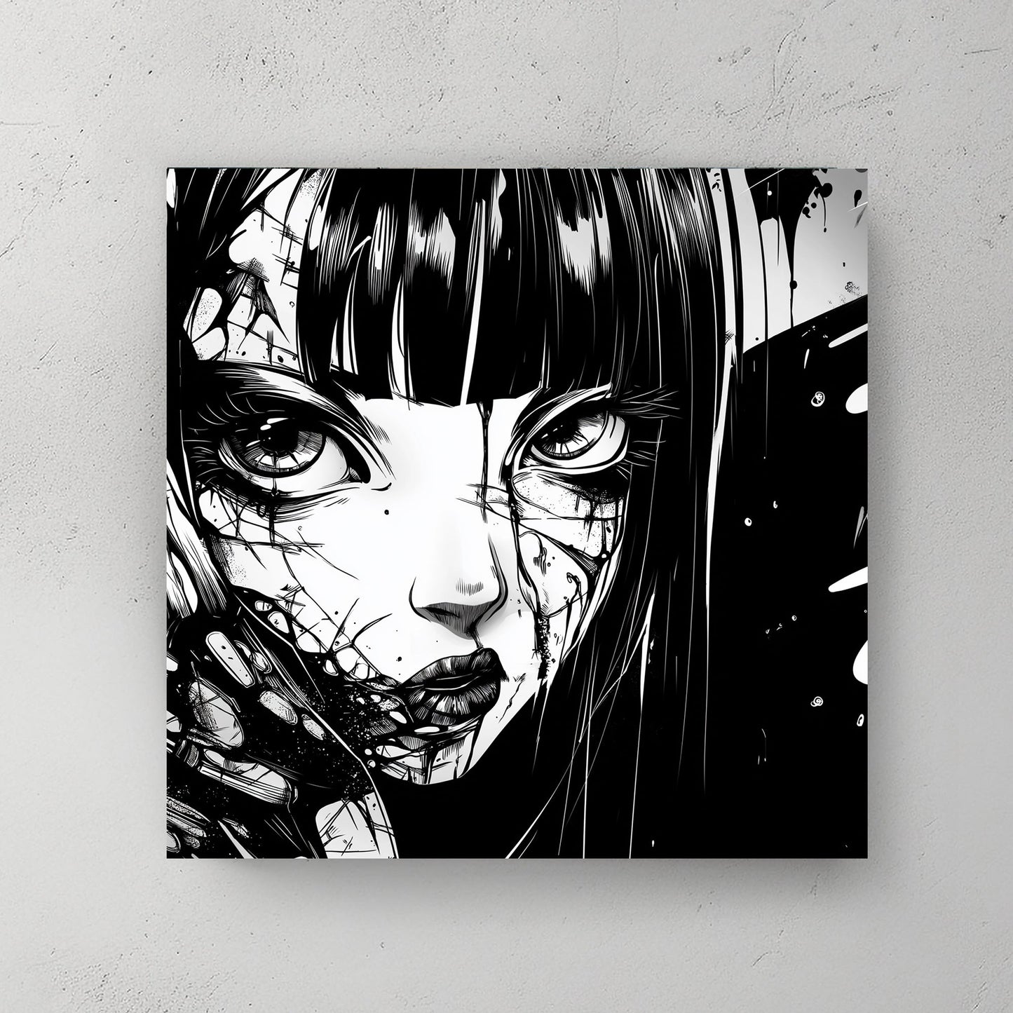 Monochromatic anime-inspired artwork featuring an intense gaze with bold black and white contrast and intricate linework.