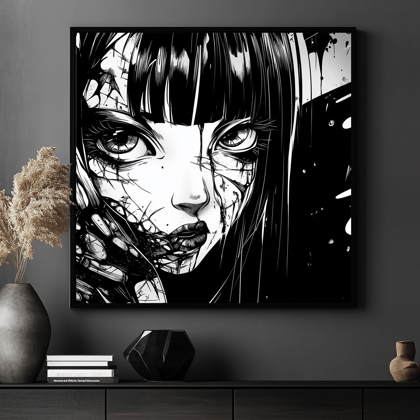 Monochromatic anime-inspired artwork featuring an intense gaze with bold black and white contrast and intricate linework.