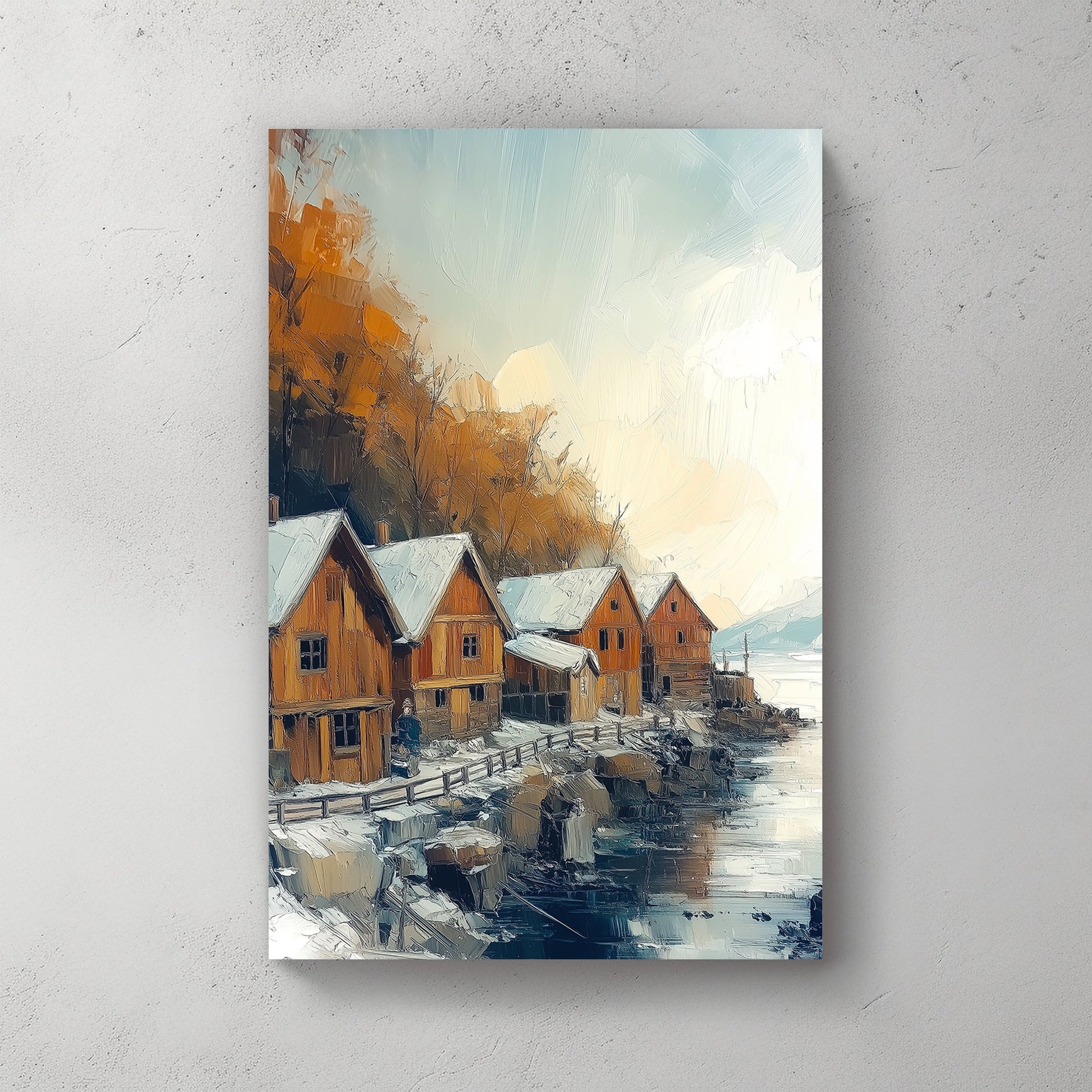 Snowy Nordic village by the waterfront with wooden houses and autumnal trees in an oil painting style.