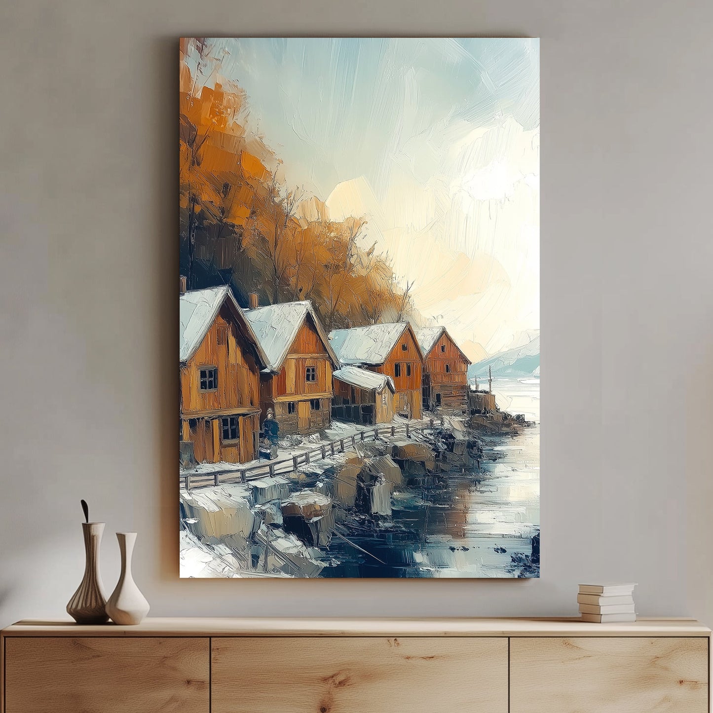 Snowy Nordic village by the waterfront with wooden houses and autumnal trees in an oil painting style.