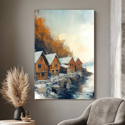 Snowy Nordic village by the waterfront with wooden houses and autumnal trees in an oil painting style.