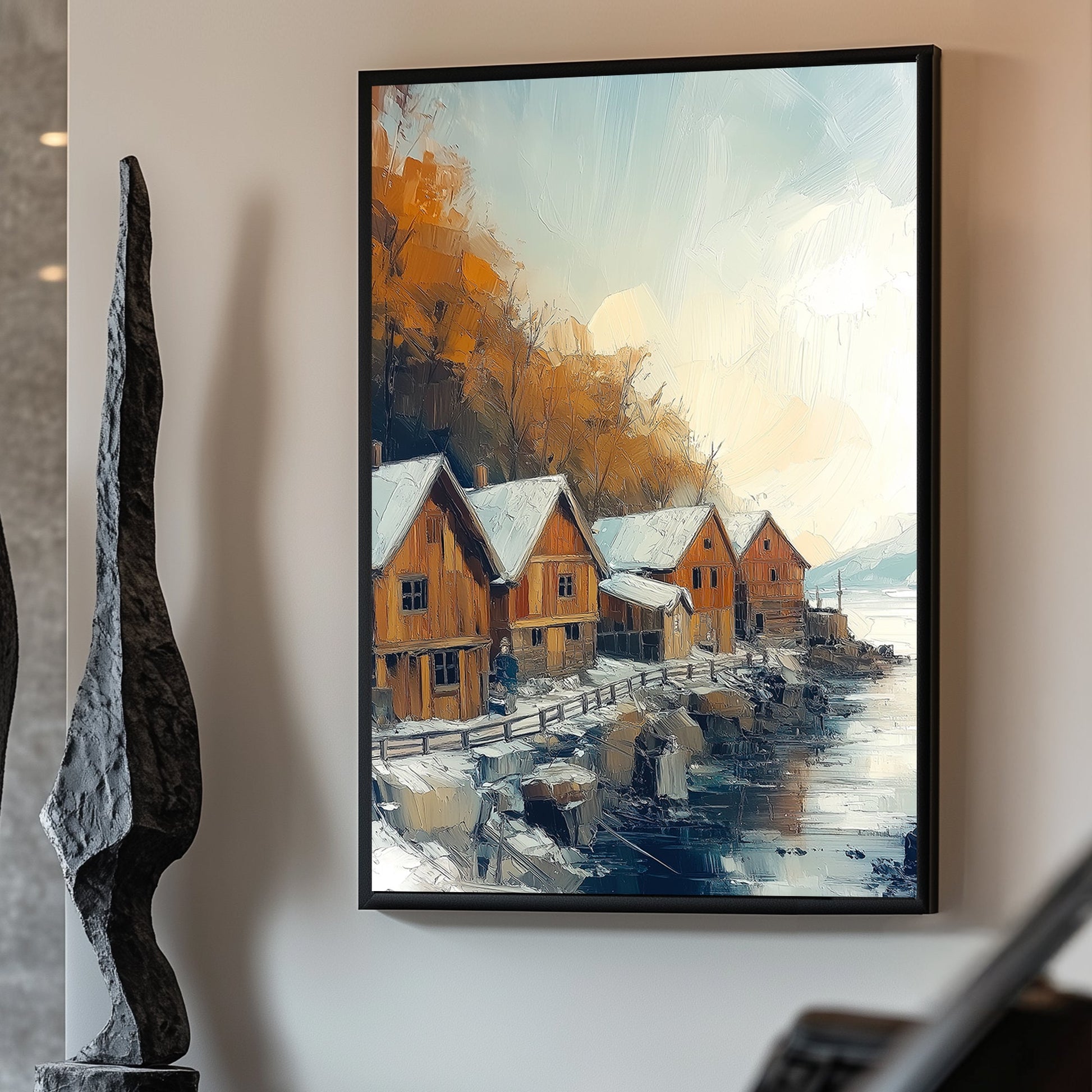 Snowy Nordic village by the waterfront with wooden houses and autumnal trees in an oil painting style.