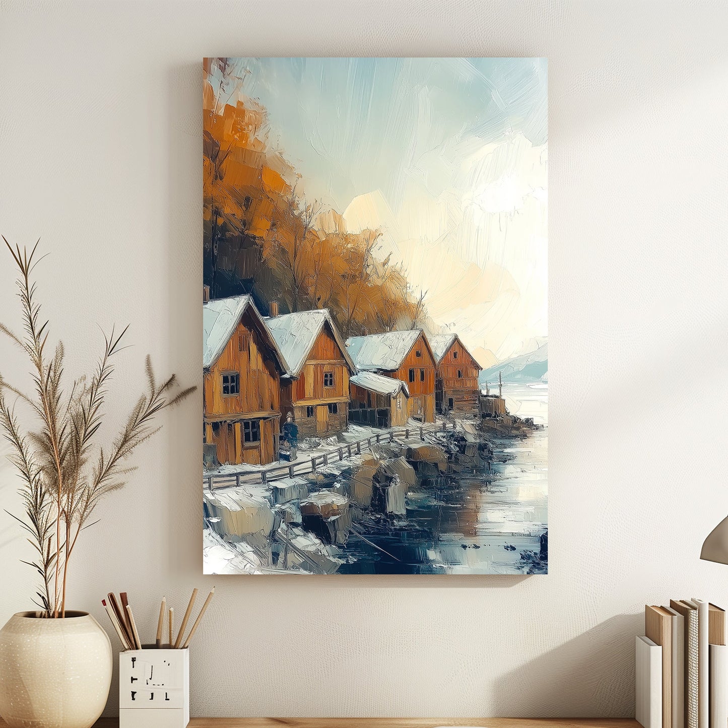 Snowy Nordic village by the waterfront with wooden houses and autumnal trees in an oil painting style.