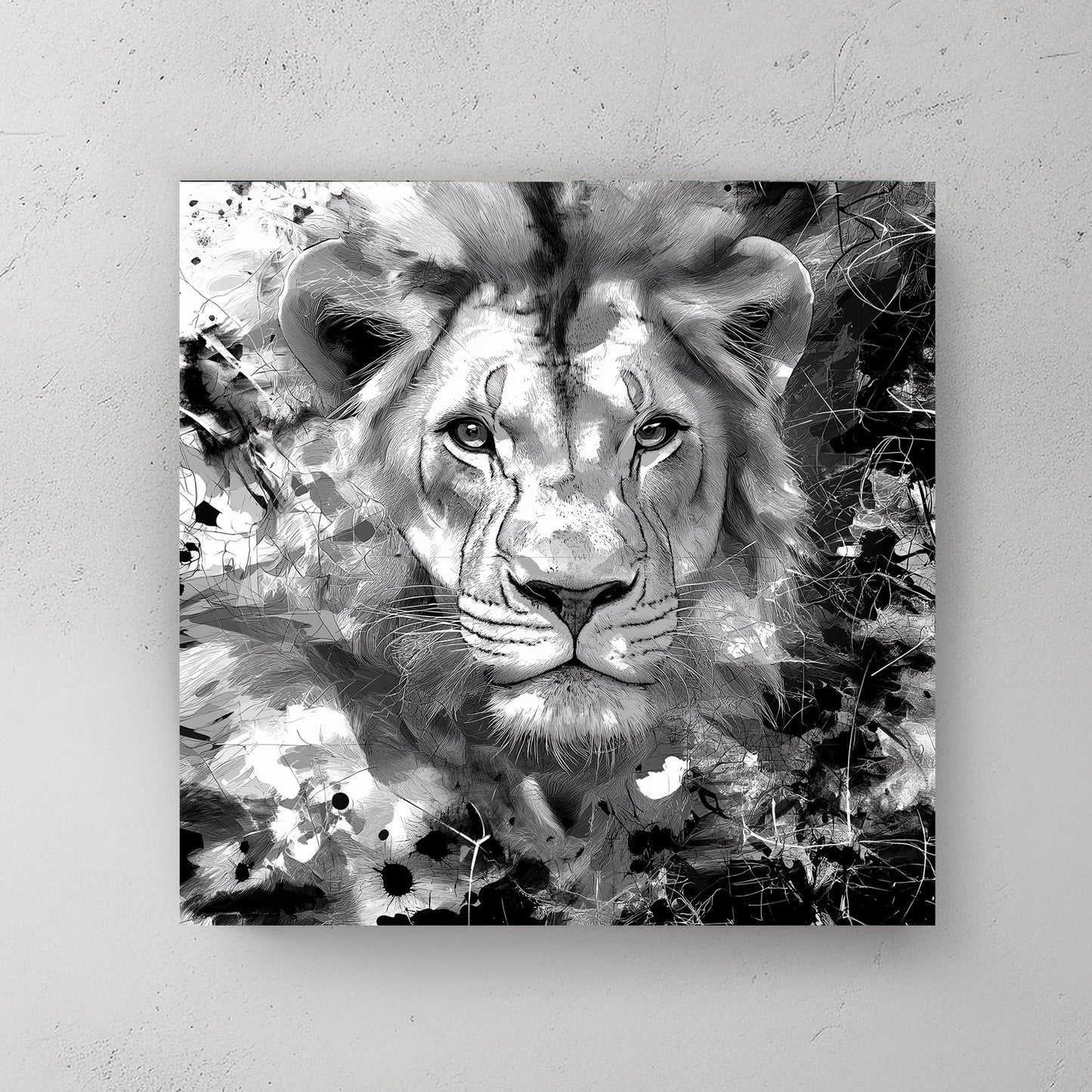 Black and white portrait of a lion with abstract ink splashes and intricate line details.