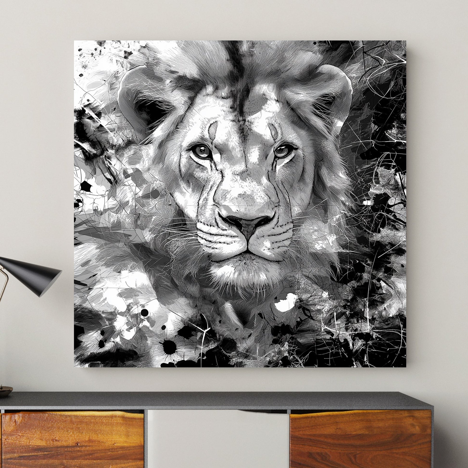 Black and white portrait of a lion with abstract ink splashes and intricate line details.