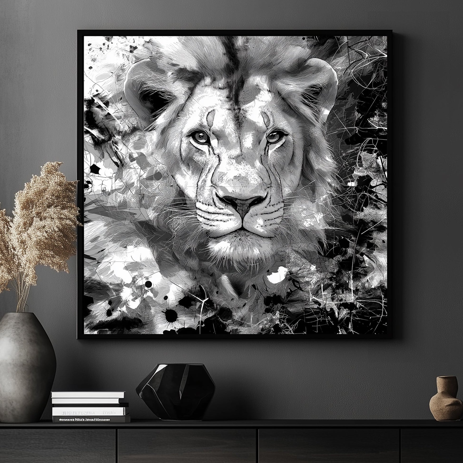 Black and white portrait of a lion with abstract ink splashes and intricate line details.