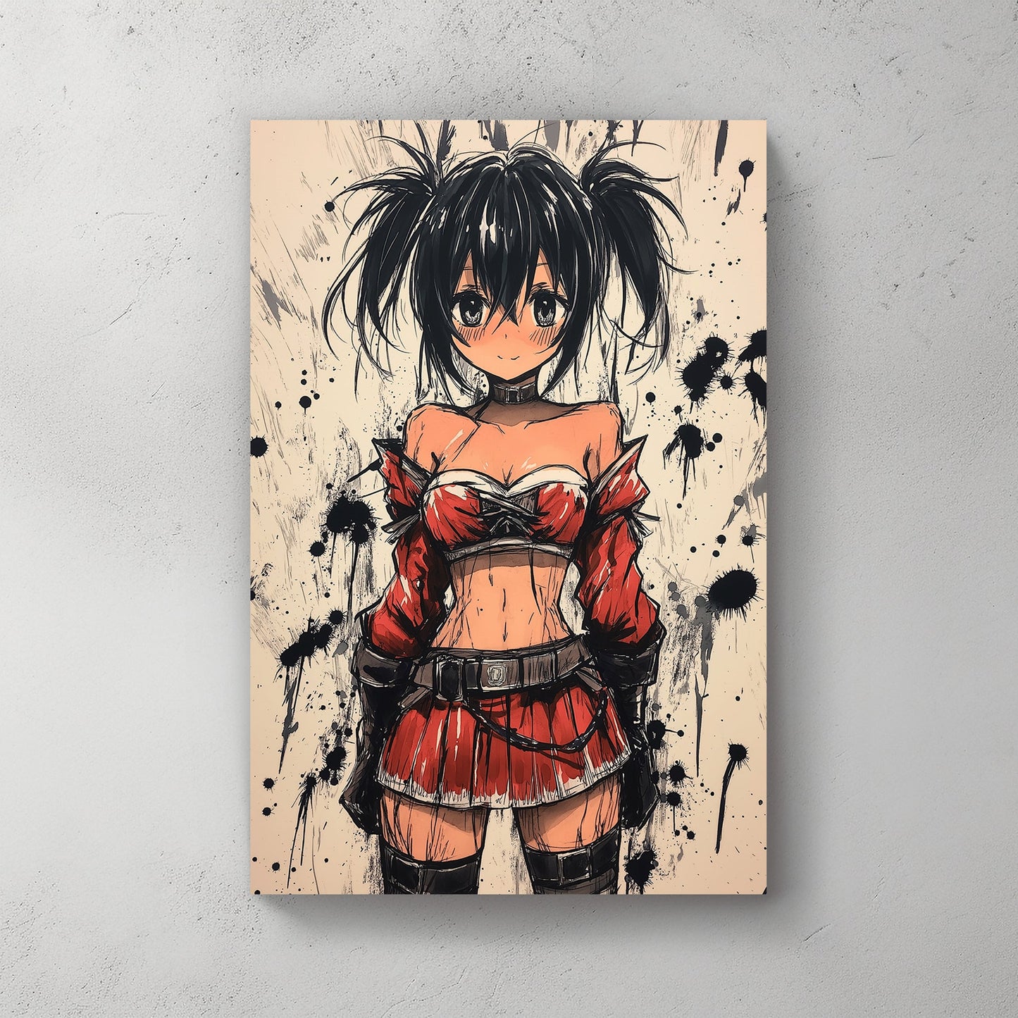 Anime-style character in red and black outfit with ink splatter background.