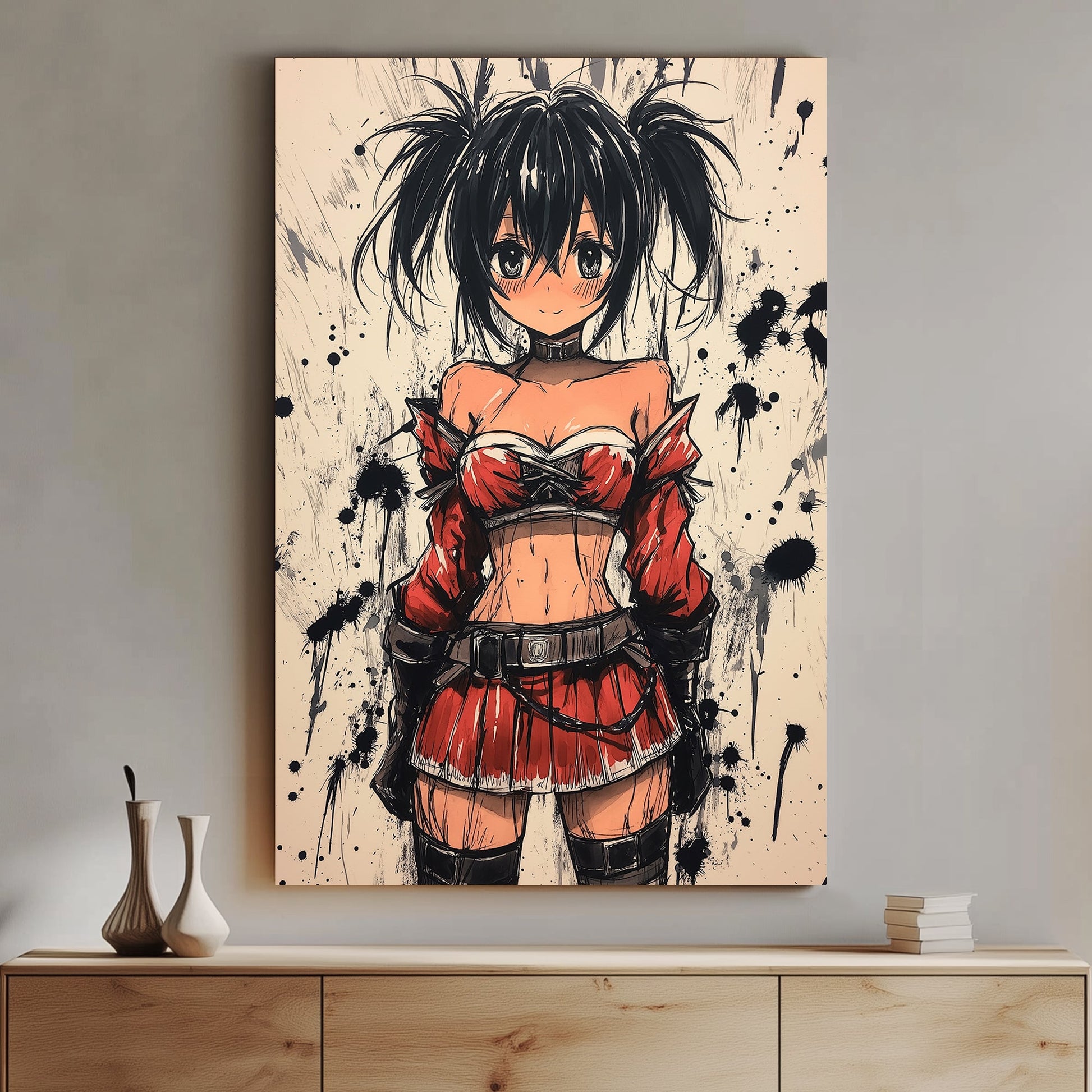 Anime-style character in red and black outfit with ink splatter background.