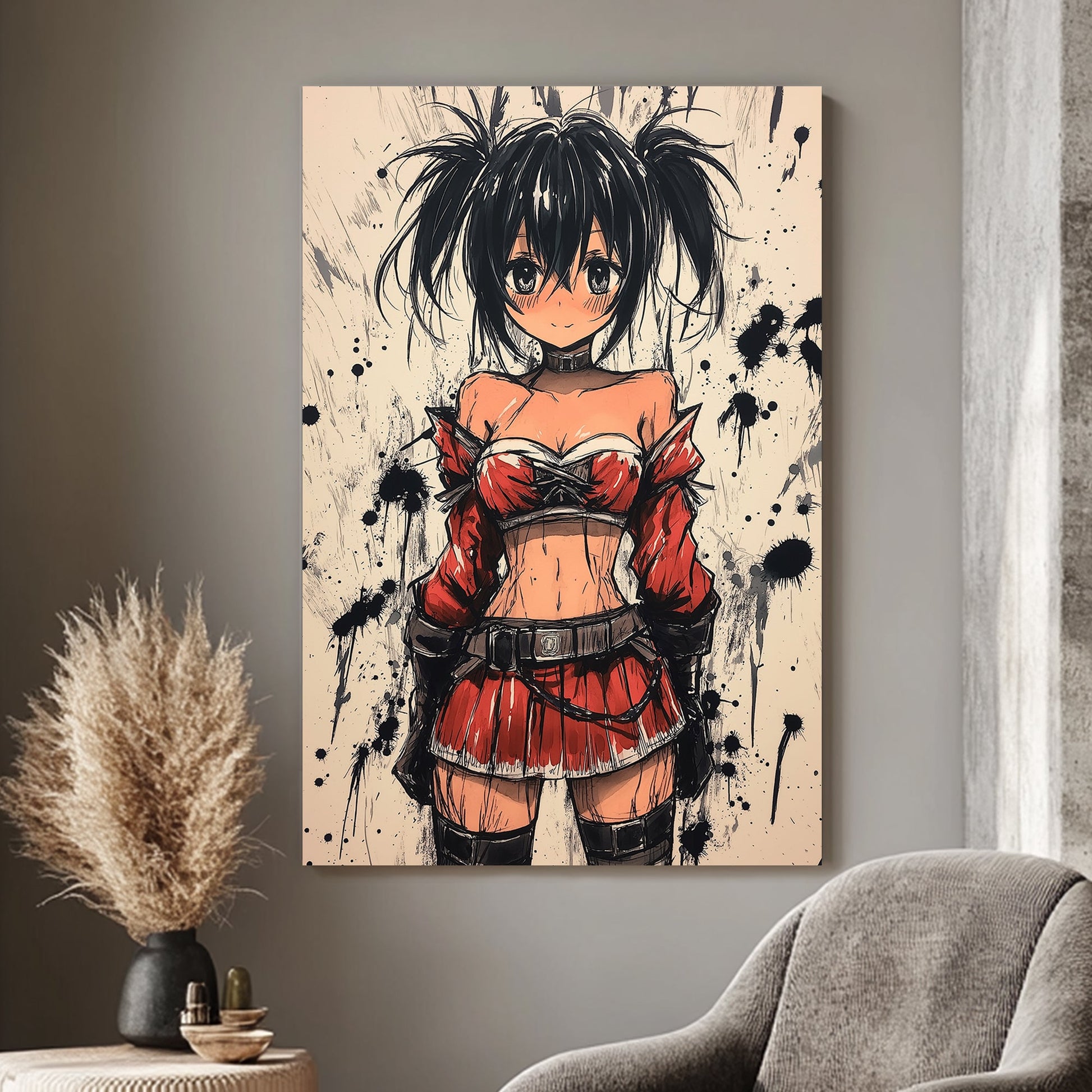 Anime-style character in red and black outfit with ink splatter background.