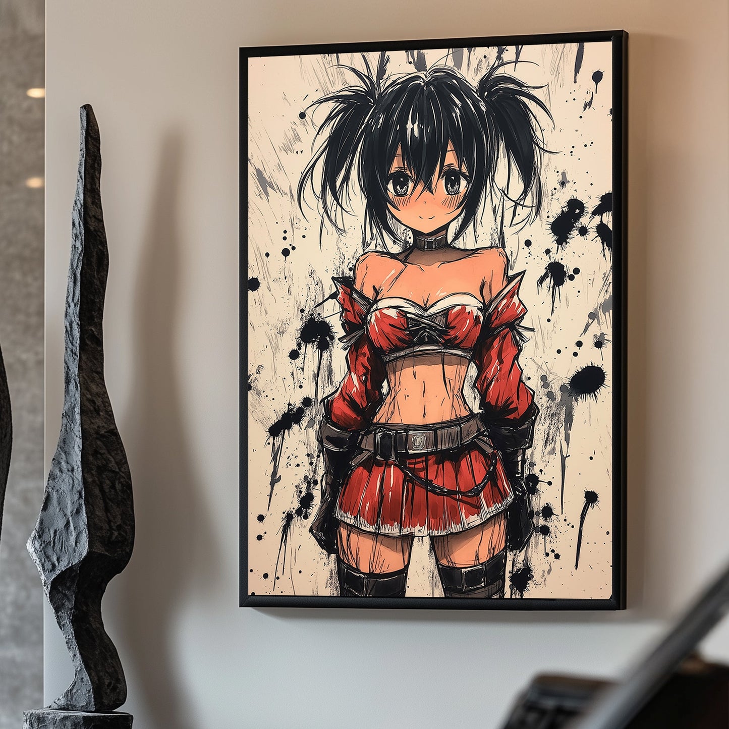 Anime-style character in red and black outfit with ink splatter background.