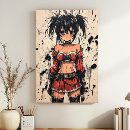 Anime-style character in red and black outfit with ink splatter background.