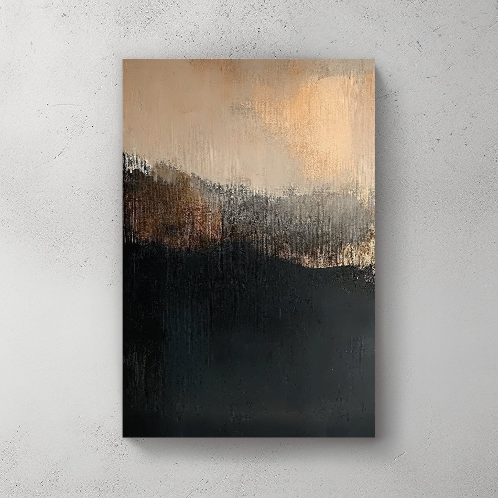 Abstract painting with muted black, grey, and amber tones evoking twilight.