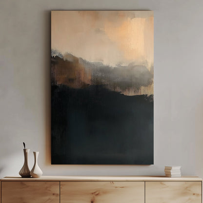 Abstract painting with muted black, grey, and amber tones evoking twilight.