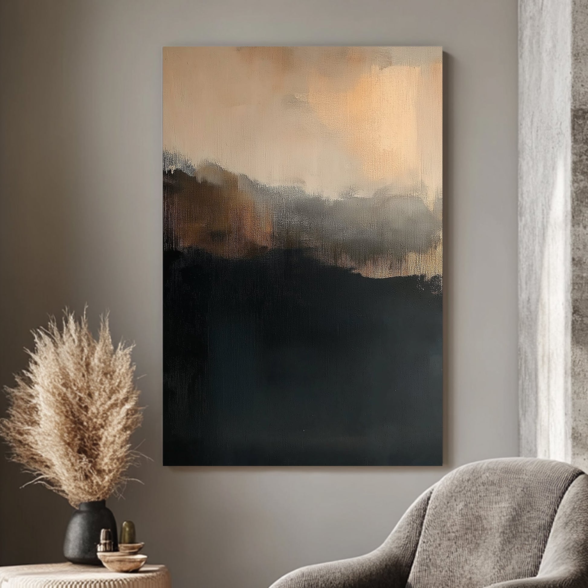 Abstract painting with muted black, grey, and amber tones evoking twilight.