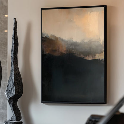 Abstract painting with muted black, grey, and amber tones evoking twilight.