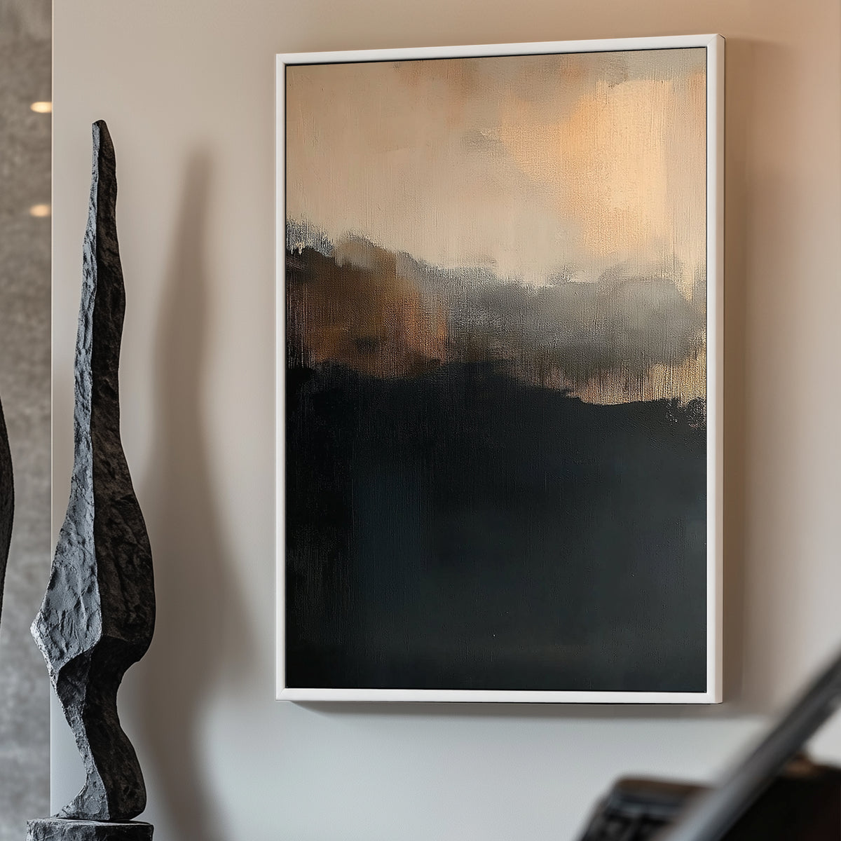 Abstract painting with muted black, grey, and amber tones evoking twilight.