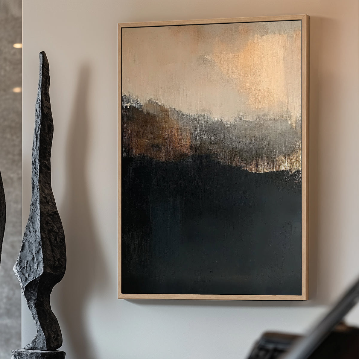 Abstract painting with muted black, grey, and amber tones evoking twilight.