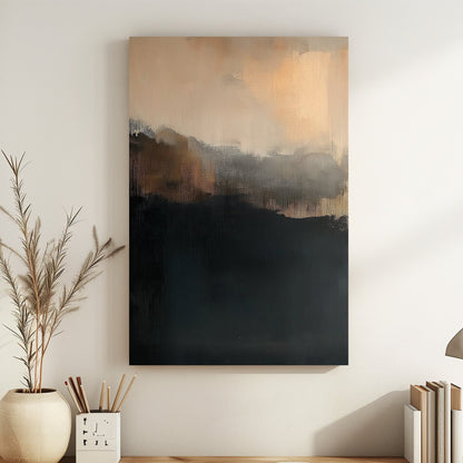 Abstract painting with muted black, grey, and amber tones evoking twilight.