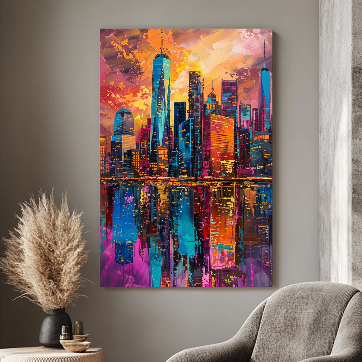 New York Vibrant cityscape with vivid orange, pink, and blue hues reflected on water.