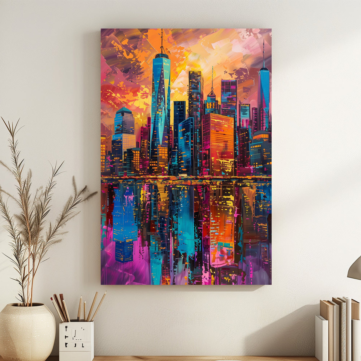 New York Vibrant cityscape with vivid orange, pink, and blue hues reflected on water.