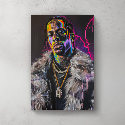 Travis Scott Bold modern portrait with neon hues and dripping paint accents.