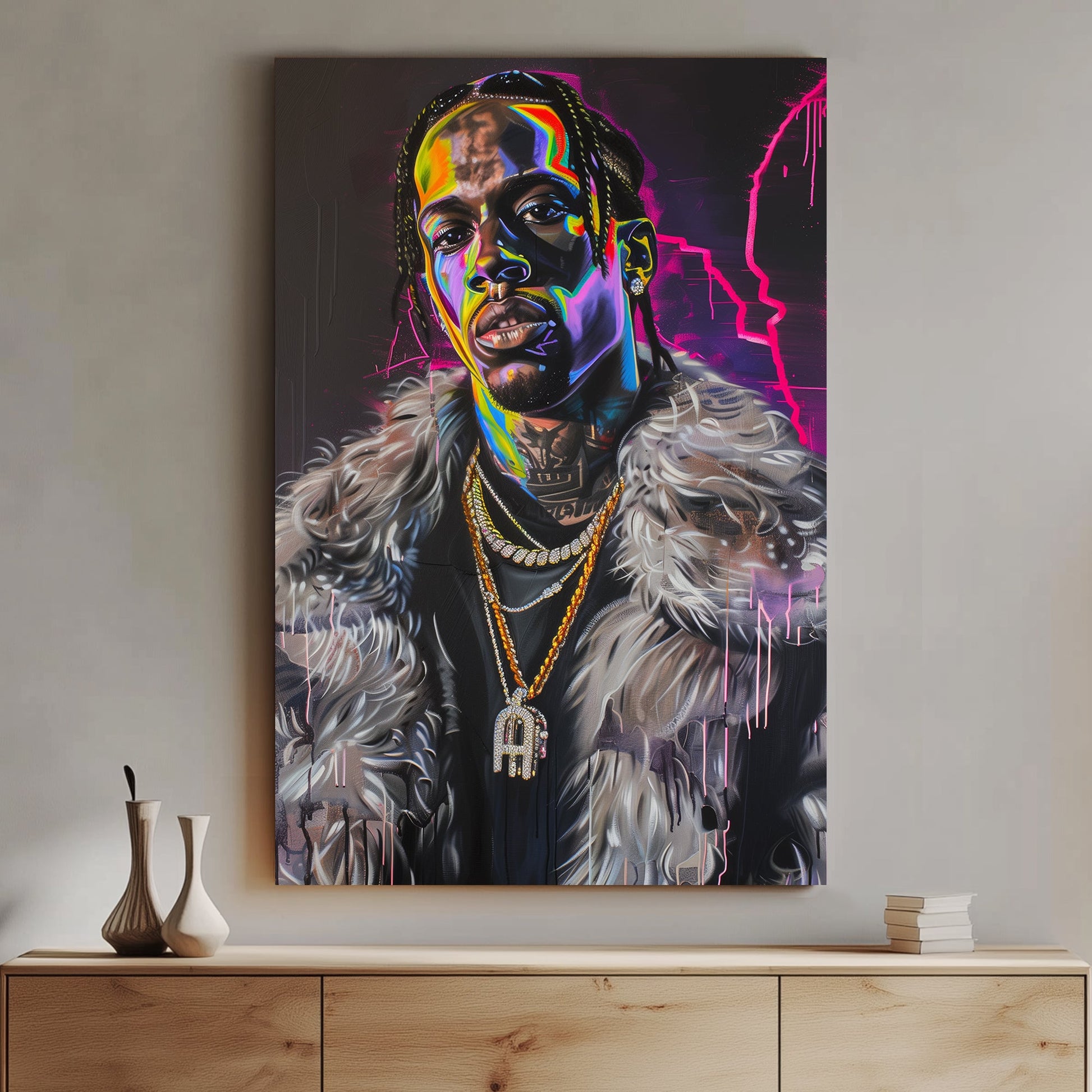 Travis Scott Bold modern portrait with neon hues and dripping paint accents.